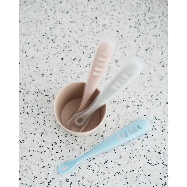 Beaba 1st Stage Silicone Spoon with Ultra Soft Tip, Gum Friendly, Ergonomic Handles - Light Mist - Dezine Kids