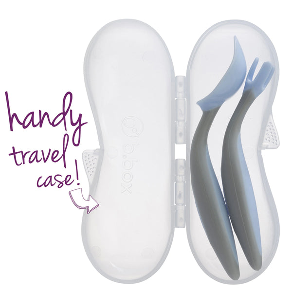B.Box Spoon & Fork Cutlery Set with Travel Case Angled Handles - Bubblegum Light Blue