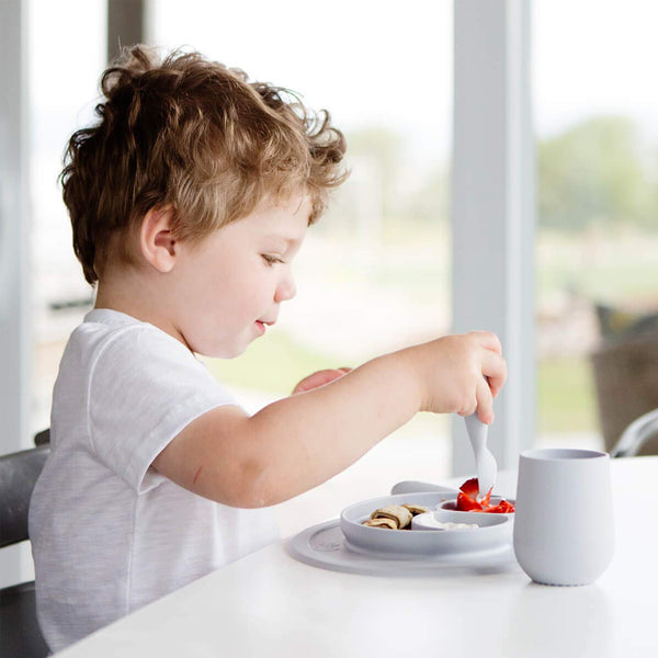 EzPz Mini Feeding Set for Toddlers (Mat, Spoon & Fork) - Pewter