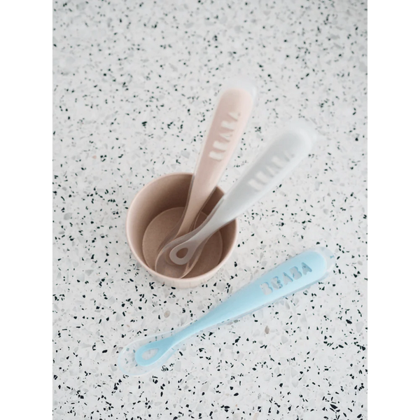Beaba 1st Stage Silicone Spoon with Ultra Soft Tip, Gum Friendly, Ergonomic Handles - Windy Blue