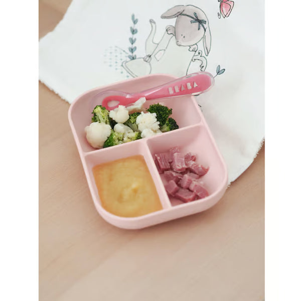 Beaba Silicone 2 Pieces Baby Meal Set, Non Slip, Unbreakable, Easy to Clean, BPA Free Baby Feeding Set - Baby Pink