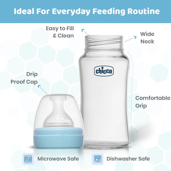 Chicco Well Being Glass Feeding Bottle for 2m+ 240ml Medium Flow - Blue