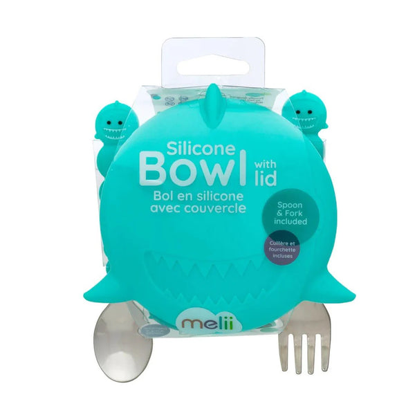 Melii Silicone Bowl With Lid, Spoon & Fork, Airtight & Leakproof Lid - Shark