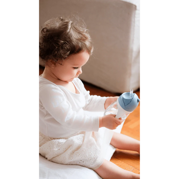 Beaba 2 in 1 Baby Sipper Water Bottle, Anti Spill Sippy Cup with Soft Silicone Straw for Toddler, Removable Handles, 300 ml - Windy Blue