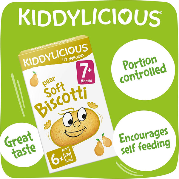 Kiddylicious Pear Soft Biscotti Snack for Babies 7M+, Encourages Self-Feeding, 6 Twin Packs - 120g - Dezine Kids