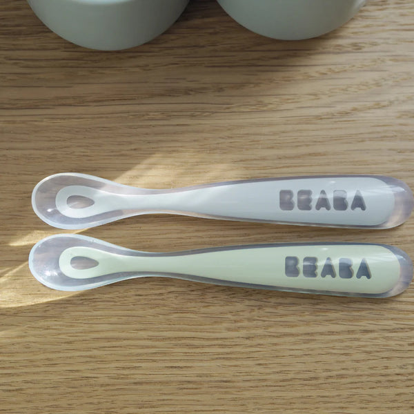 Beaba 1st Stage Silicone Spoon with Ultra Soft Tip, Gum Friendly, Ergonomic Handles, Set of 2 - Velvet Grey/Sage Green
