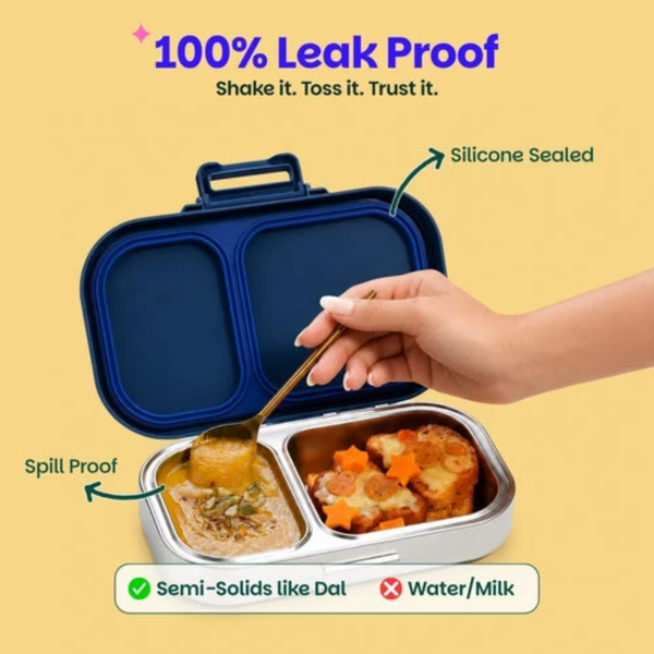 Basil 2 Compartment Stainless Steel Lunchbox with Plastic Lid - Classic Blue