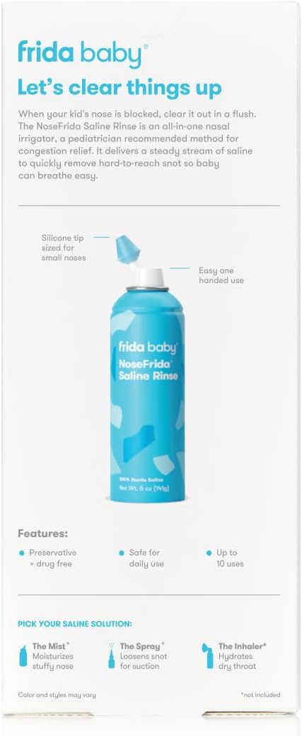 Frida Baby Saline Rinse for Toddler, Kids, Ages 2+, Saline Rinse for Sinus, Instant Congestion Relief & Allergy Relief, Safe for Daily Use