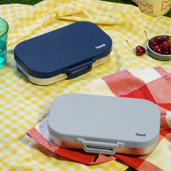 Basil 2 Compartment Stainless Steel Lunchbox with Plastic Lid - Classic Blue