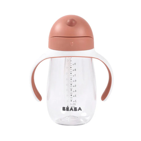Beaba 2 in 1 Baby Sipper Water Bottle, Anti Spill Sippy Cup with Soft Silicone Straw for Toddler, Removable Handles, 300ml - Terracotta - Dezine Kids