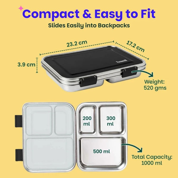 Basil 3 Compartment easy open-close Lunchbox - Black