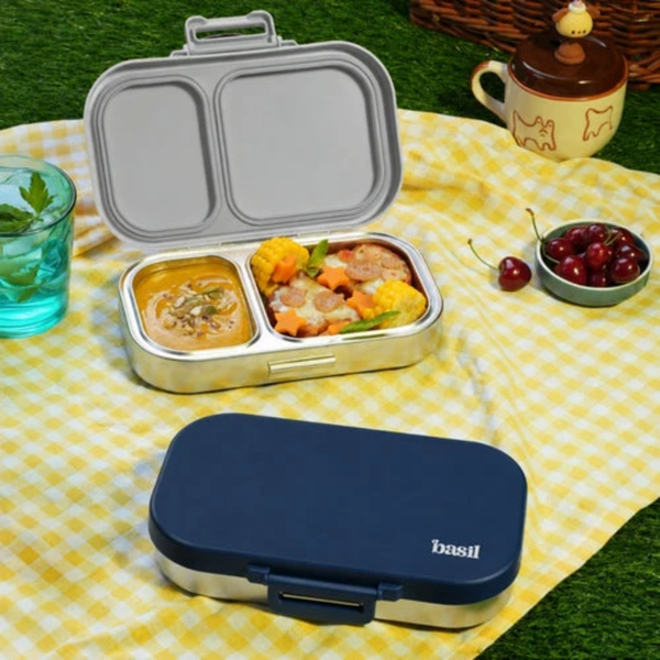 Basil 2 Compartment Stainless Steel Lunchbox with Plastic Lid - Classic Blue