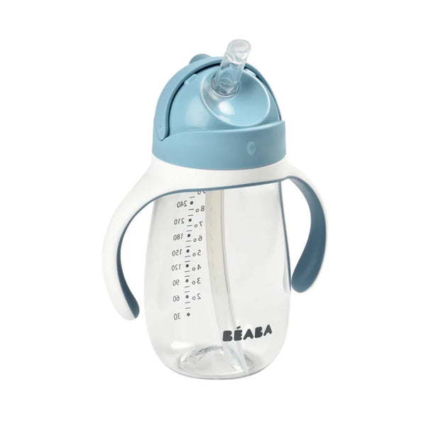 Beaba 2 in 1 Baby Sipper Water Bottle, Anti Spill Sippy Cup with Soft Silicone Straw for Toddler, Removable Handles, 300ml - Windy Blue - Dezine Kids