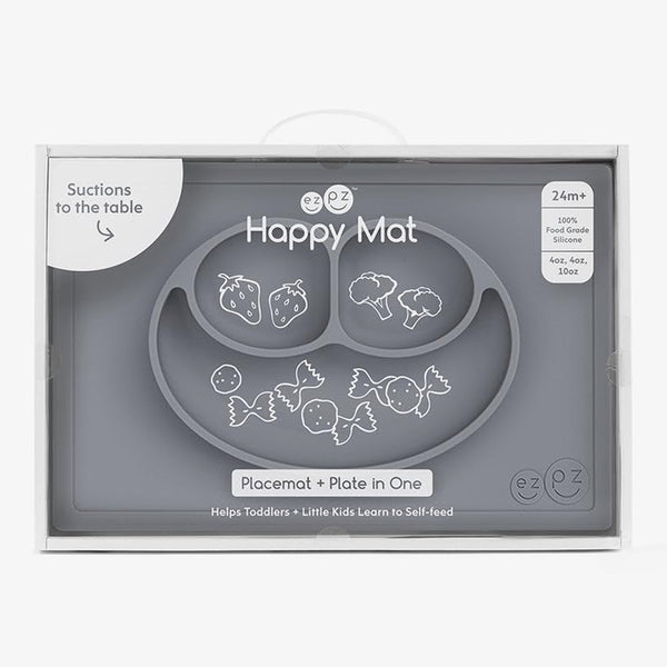 Ezpz Happy Mat 100% Food Grade Silicone Toddler Suction Plate with Built In Placemat, Smile Design Divided Plate - Grey