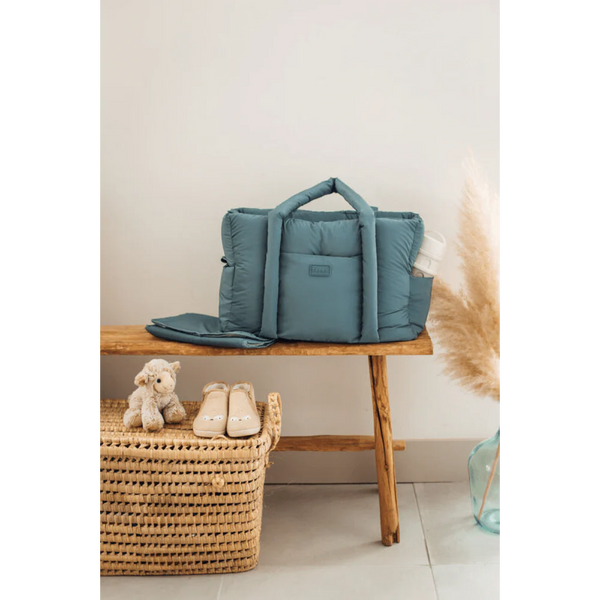 Beaba Paris Puffer Baby Diaper Bag with Large Capacity, Multi Pocket Organizer with Changing Pad, Insulated Bottle Pouch & Stroller Clips - Baltic Blue
