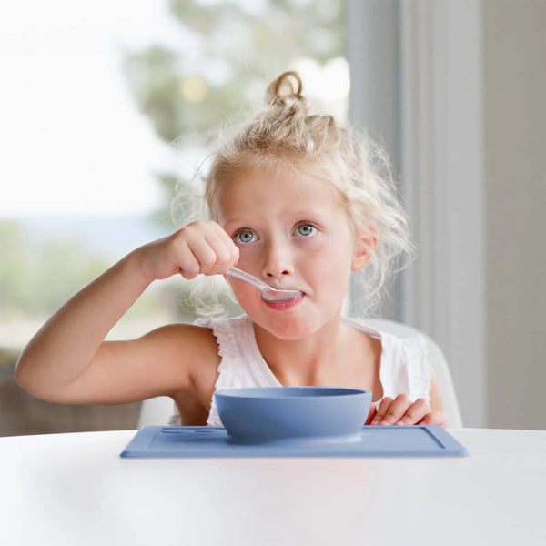 EzPz Happy Bowl 100% Food Grade Silicone Suction Bowl with Built In Placemat - Indigo