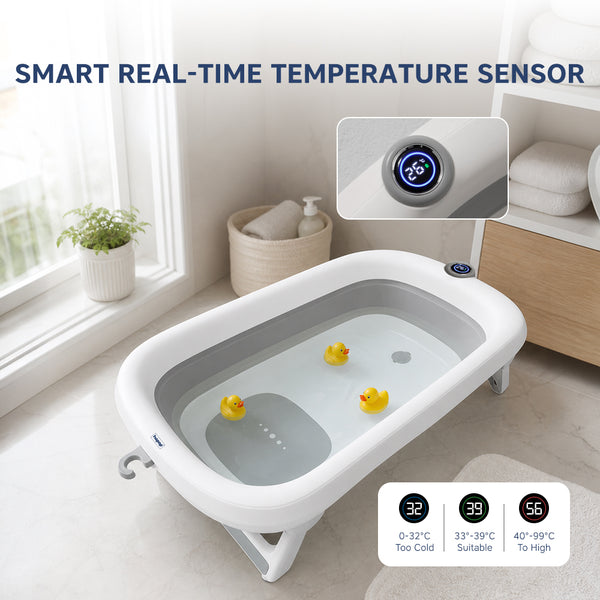 Hopop Smart Foldable Baby Bathtub with Temperature Sensor & Drain Plug - Grey - Dezine Kids