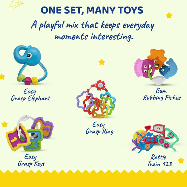 Chicco Play & Grow Set Rattle Toy Gift for Baby Shower & Baby Birthday - Pack of 5