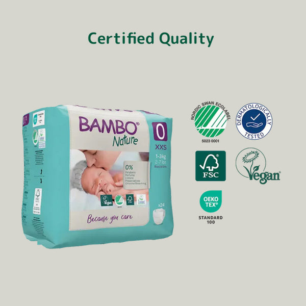 Bambo Nature Tape Diapers, Size 0, XXS Size (1-3 Kgs) 24pcs - Dezine Kids