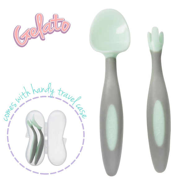 B.Box Spoon & Fork Cutlery Set with Travel Case Angled Handles - Pistachio