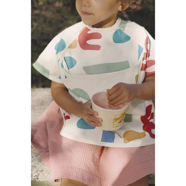Beaba 2 in 1 Waterproof Bib with Detachable Sleeves, Foldable Food Catcher Pocket - Playful Print
