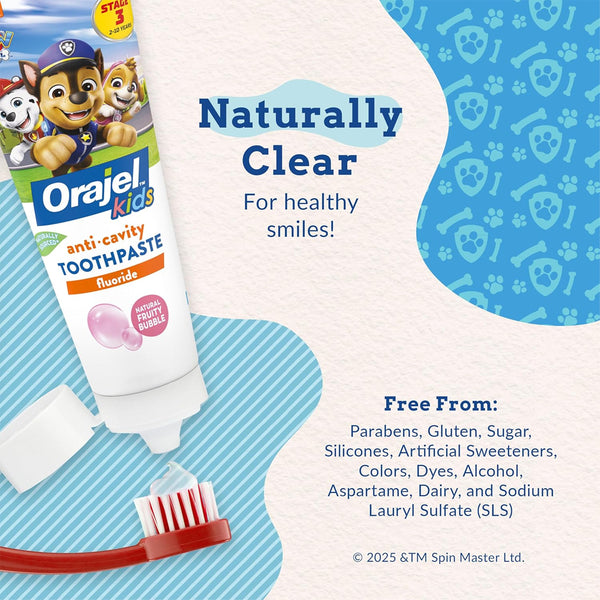 Orajel Kids Anti Cavity Toothpaste Fluoride Paw Patrol, Natural Fruity Bubble Flavor, Stage 3, 2-10 Yrs - 119 g - Dezine Kids