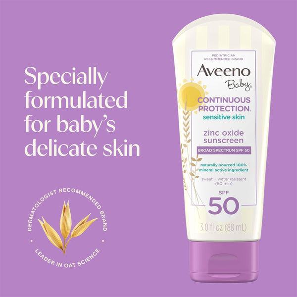 Aveeno Baby Continuous Protection Zinc Oxide Mineral Sunscreen Lotion For Sensitive Skin Spf 50 - 88ml