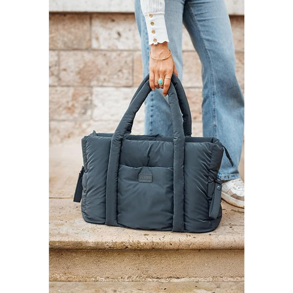 Beaba Paris Puffer Baby Diaper Bag with Large Capacity, Multi Pocket Organizer with Changing Pad, Insulated Bottle Pouch & Stroller Clips - Mineral Grey - Dezine Kids