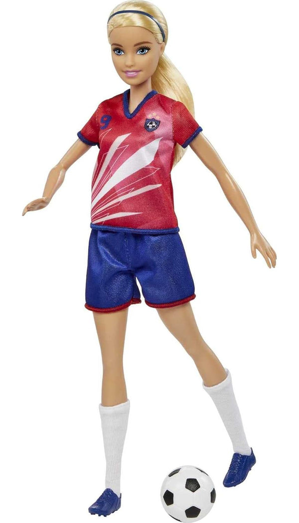 Barbie Soccer Doll, Blonde, #9 Uniform, Soccer Ball, Cleats, Socks - Dezine Kids