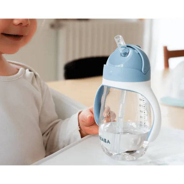 Beaba 2 in 1 Baby Sipper Water Bottle, Anti Spill Sippy Cup with Soft Silicone Straw for Toddler, Removable Handles, 300ml - Windy Blue - Dezine Kids