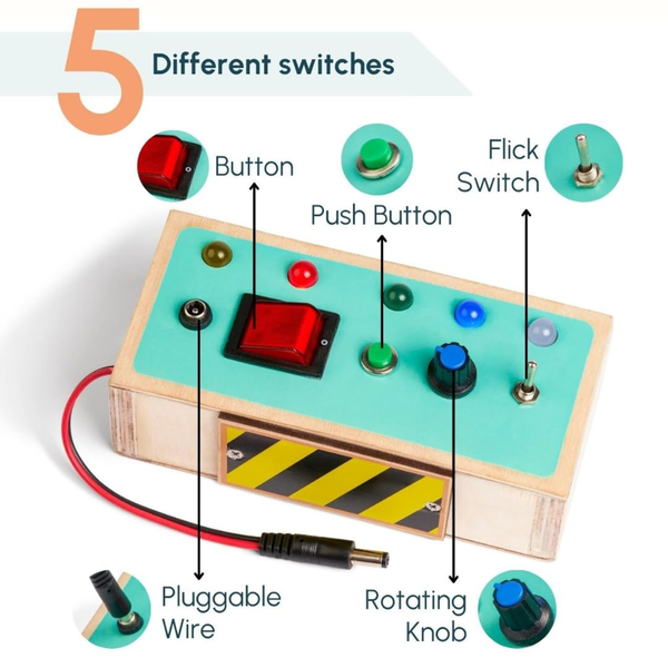 Curious Cub5 Different Switches Busy Board Interactive Wooden Sensory Activity Toy - Dezine Kids