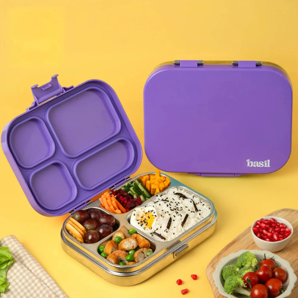 Basil 4 Compartment Stainless steel Lunchbox with Plastic lid - Purple Pop