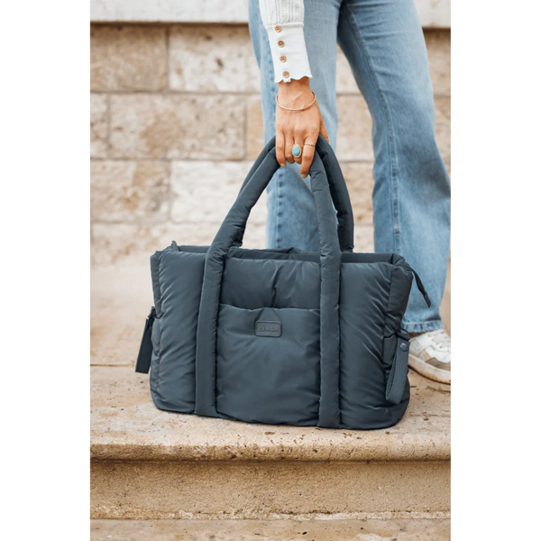 Beaba Paris Puffer Baby Diaper Bag with Large Capacity, Multi Pocket Organizer with Changing Pad, Insulated Bottle Pouch & Stroller Clips - Mineral Grey