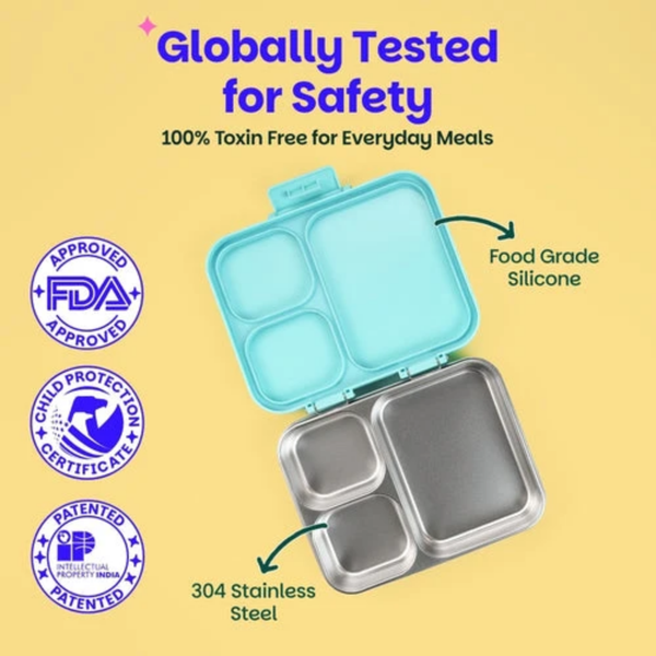 Basil 3 Compartment Stainless Steel Lunchbox with Plastic Lid - Wiggly Woof
