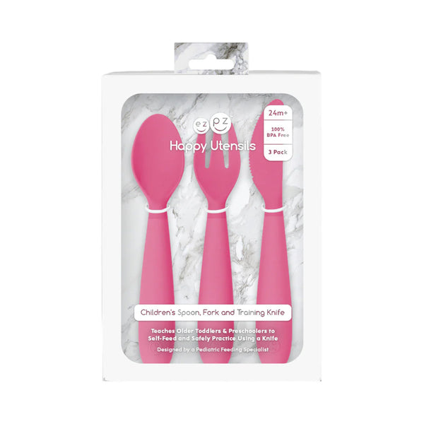 EzPz Happy Utensils for Toddlers(Spoon, Fork & Knife) - Pink