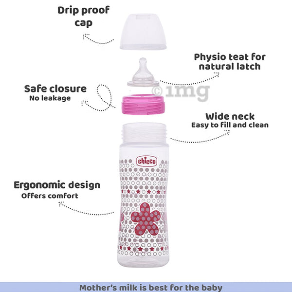 Chicco Well Being Polypropylene Feeding Bottle 330ml for 4M+ - Pink