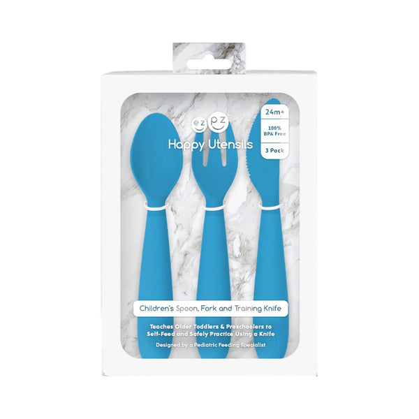 EzPz Happy Utensils for Toddlers(Spoon, Fork & Knife) - Blue