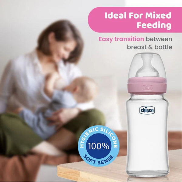Chicco Well Being Glass Feeding Bottle for 2m+ 240ml Medium Flow - Pink