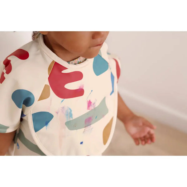 Beaba 2 in 1 Waterproof Bib with Detachable Sleeves, Foldable Food Catcher Pocket - Playful Print