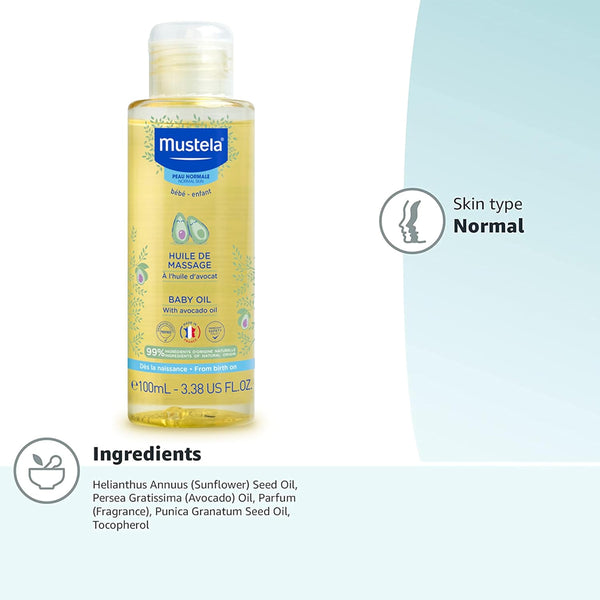 Mustela Baby Massage Oil with Avocado, Helps Treat Cradle Cap & Soothes Skin, Chemical Free & Safe From Birth On - 100 ml - Dezine Kids