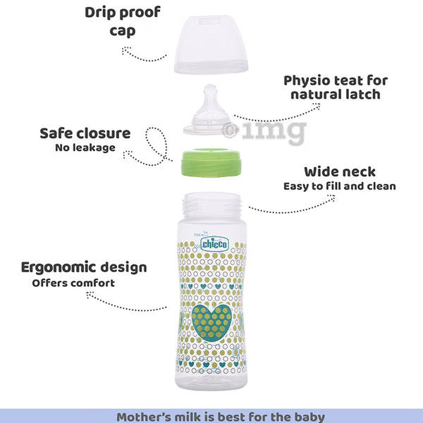 Chicco Well Being Polypropylene Feeding Bottle 330ml for 4M+ - Green