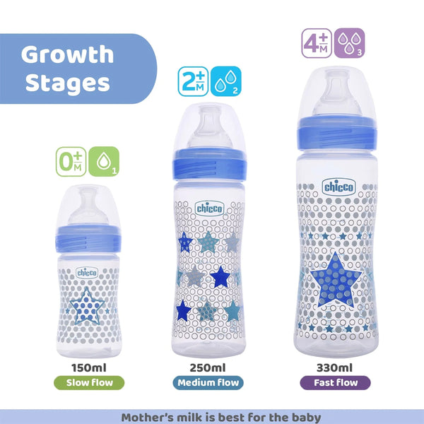 Chicco Well Being 2M+ Medium Flow Baby Bottle 250ml - Blue