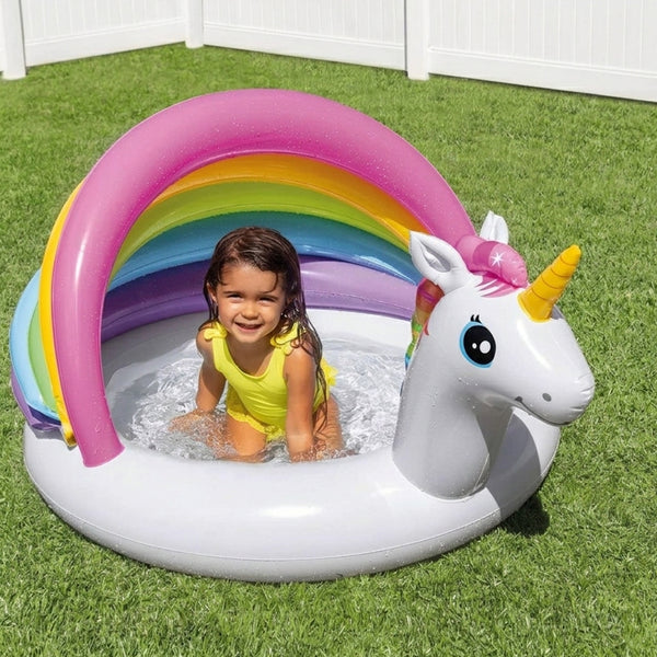 Intex Unicorn Design Baby Pool with Soft Floor Bottom and Built In Sunshade - Dezine Kids