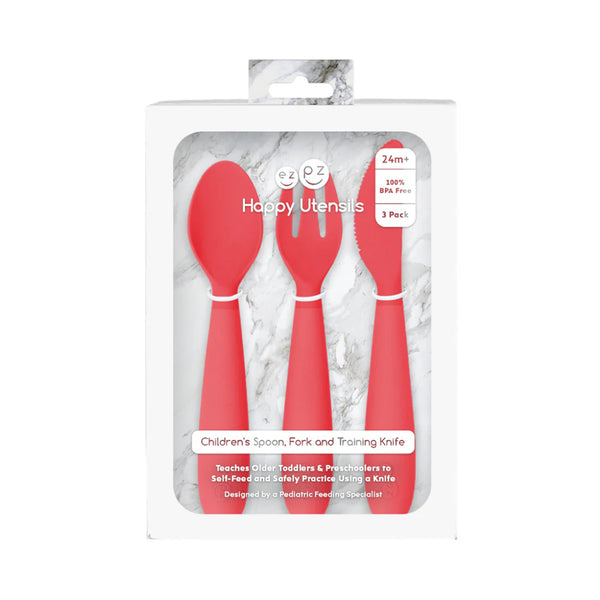 EzPz Happy Utensils for Toddlers(Spoon, Fork & Knife) - Coral