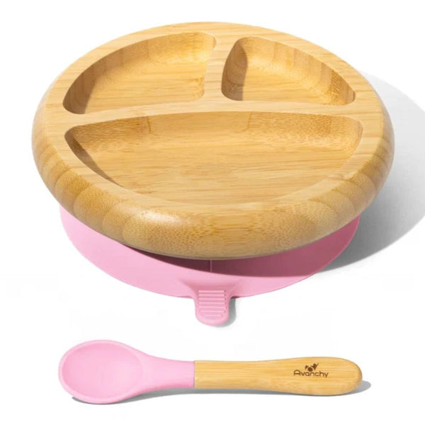 Avanchy Baby Bamboo & Silicone Suction Base Divided Plate + Spoon - Pink - Dezine Kids