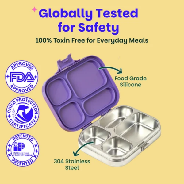 Basil 4 Compartment Stainless steel Lunchbox with Plastic lid - Purple Pop
