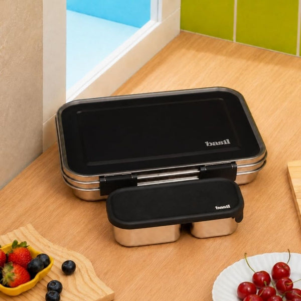 Basil Stainless Steel 2 Compartment Pickle & Dip Container - Classic Black