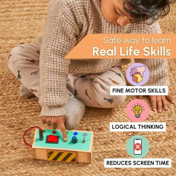 Curious Cub5 Different Switches Busy Board Interactive Wooden Sensory Activity Toy - Dezine Kids