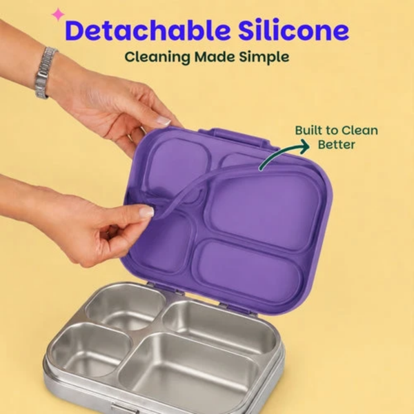 Basil 4 Compartment Stainless steel Lunchbox with Plastic lid - Purple Pop