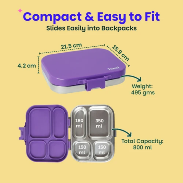 Basil 4 Compartment Stainless steel Lunchbox with Plastic lid - Purple Pop